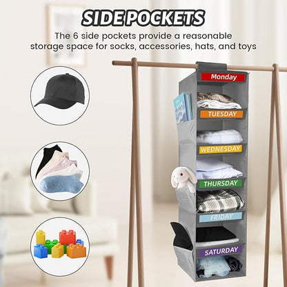 6-Shelf Weekly Clothes Organizer for Kids, Hanging Closet Organizer for Kids & Adults, Collapsible Hanging Closet Shelves, Monday-Saturday Days of The Week Clothes Shelves with 6 Side Pockets (Grey)