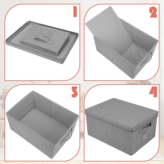 Graciadeco 22.8qt Closet Storage Boxes with Lids Gray Folding Keepsake Storage Bins Stackable Flat Lidded Carboard Storage Contaner for Clothes Barbie Shoes, 2 Pack