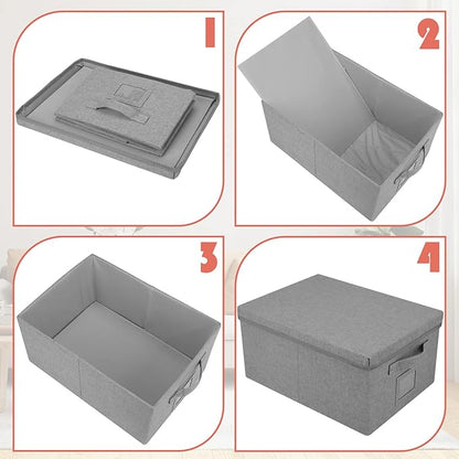 Graciadeco 22.8qt Closet Storage Boxes with Lids Gray Folding Keepsake Storage Bins Stackable Flat Lidded Carboard Storage Contaner for Clothes Barbie Shoes, 2 Pack