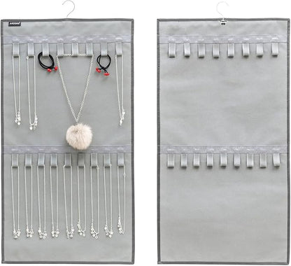 Dual-sided Hanging Jewelry Organizer with 34 Hook Loops Wall Mounted Necklace Holder Jewelry Display Storage Hanger for Bracelet Chain (GREY)