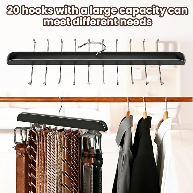 Tie Rack Hanger with 20 Foldable Metal Hooks, Space Saving Necktie Organizer for Men, Large Capacity, Wooden, Black
