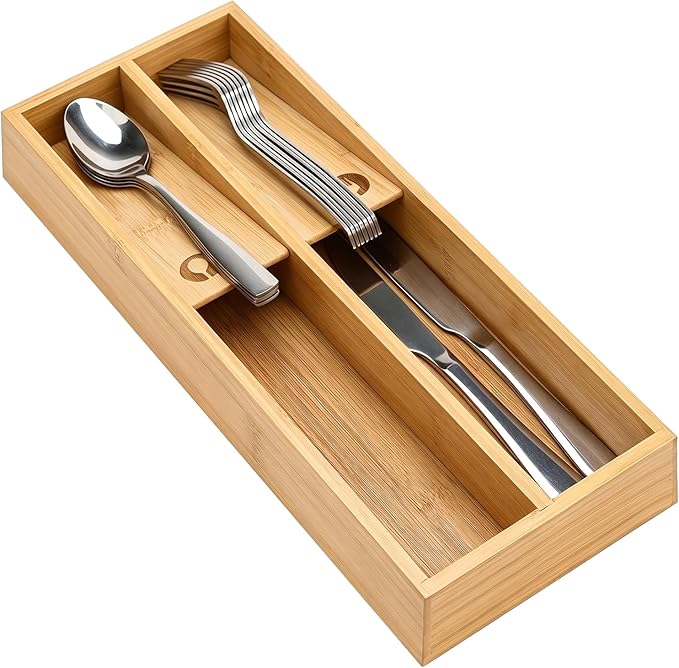 Small Bamboo Silverware Organizer for Drawer Utensil Tray Wood Cutlery Organizer Holder Narrow Flatware Caddy Wooden Kitchen Utensil Cutlery Drawer Skinny Fork and Spoon Silverware Organizer Tray