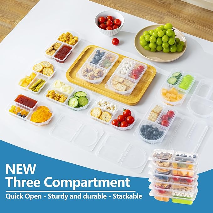 TAIHUIMY 9oz Reusable Snack Containers with Lids for Kid, New 3 Compartment Large Capacity Condiment Portion Control Meal Prep Containers for School lunch, Go out Travel, Party (20, 9, ounces)