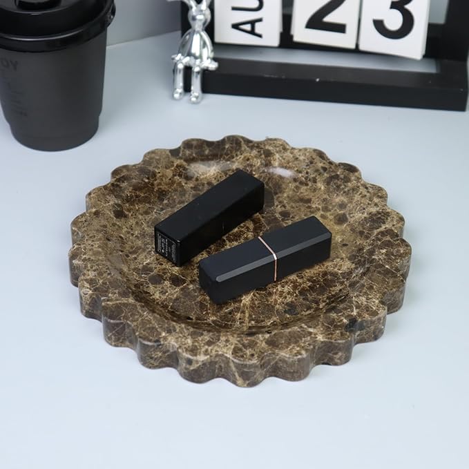 Round Marble Decorative Tray with Scalloped Edge, Luxury Natural Stone Bathroom Vanity Tray, Dresser Top Perfume Coffee Home Kitchen Sink Tray, Key Trinket Ring