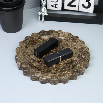 Round Marble Decorative Tray with Scalloped Edge, Luxury Natural Stone Bathroom Vanity Tray, Dresser Top Perfume Coffee Home Kitchen Sink Tray, Key Trinket Ring