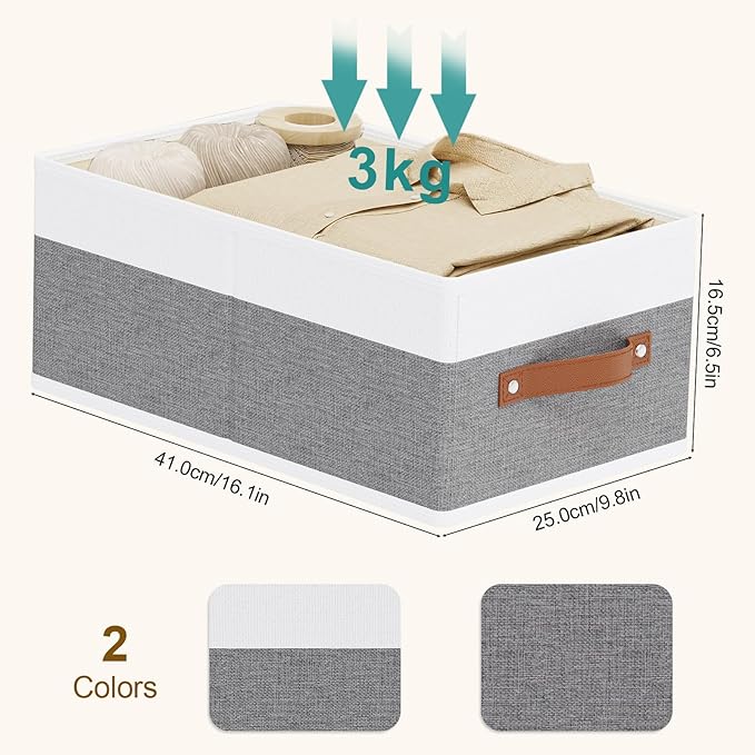 Storage Baskets, 16.1 × 9.8 × 6.5 Inch Drawer Organizers with Handles, Fabric Storage Bins for Organizing Shelves, White and Grey, 2-Pack