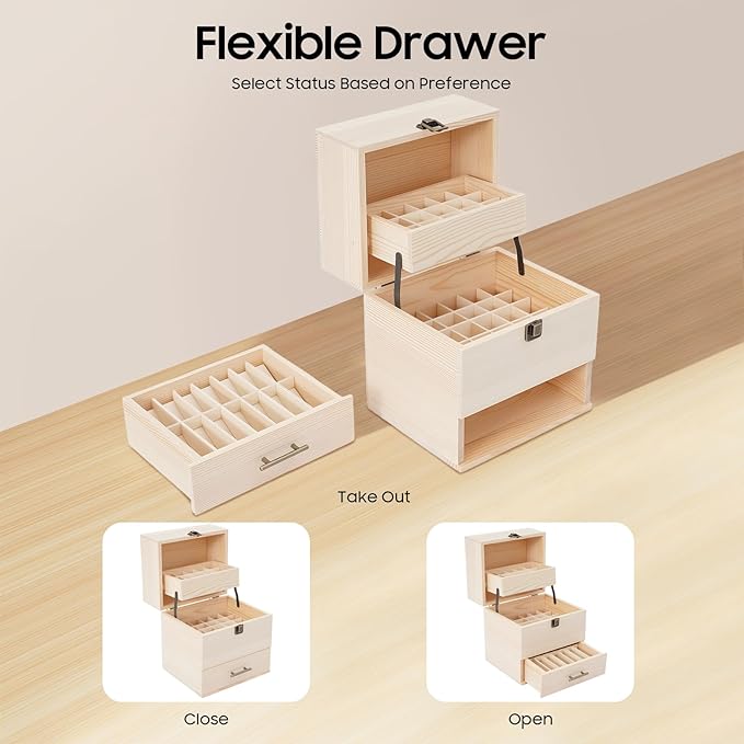 3 Tiers Essential Oil Storage Box, Wooden Perfume Bottle Display Organizer Case w/59 Slots, for 15 ml Bottles Nail Polish Collection Holder