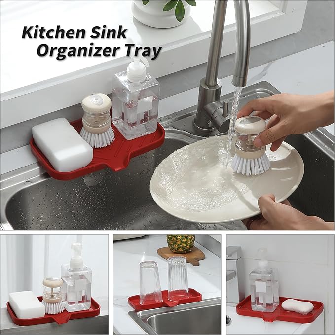 MicoYang Silicone Bathroom Soap Dishes with Drain Spout-Bathroom and Kitchen Sink Organizer,Sponge Holder,Dish Soap Tray,Perfect for Dispenser,Scrubber,Bottle,Cup on Sink or Counter-Red 9.6"×5.3"