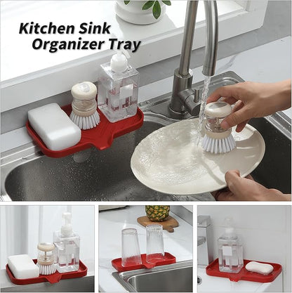 MicoYang Silicone Bathroom Soap Dishes with Drain Spout-Bathroom and Kitchen Sink Organizer,Sponge Holder,Dish Soap Tray,Perfect for Dispenser,Scrubber,Bottle,Cup on Sink or Counter-Red 9.6"×5.3"