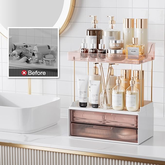 Delamu Bathroom Organizers and Storage, 2 Tier 2 Drawer Makeup Organizer Countertop, Easy to Install, Ideal for Bathroom Counter, Vanity, Ideal Gifts for Women Girls, Grapefruit