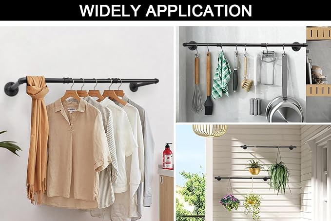 Livabber Industrial Pipe Clothes Rack, Heavy Duty Detachable Iron Garment Rack Wall Mounted, Rustic Saving Space Clothes Bar Multi-Purpose Hanging Rod for Bedroom, Closet, Black (36 Inch)