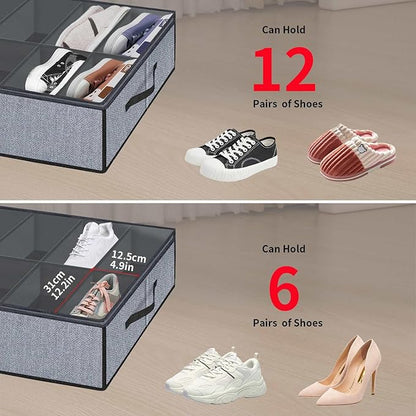 Onlyeasy Large Under Bed Shoe Organizer (6 to 12 Pairs x 2) - Underbed Shoes Closet Storage Solution with Metal Zipper and 2 Handles, Breathable, 29.3"x23.6"x5.9", Linen-like Grey, MXDUBSB2P