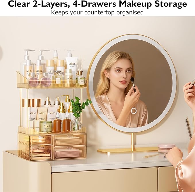 SNSLXH 4 Drawers Makeup Organizer - 4 Tier Makeup Storage, Cosmetics Organiser, Ideal for Cosmetic, 4 Dividers with Drawers for Countertop, Bathroom, Office Supplies, Dresser Transparent Tawny