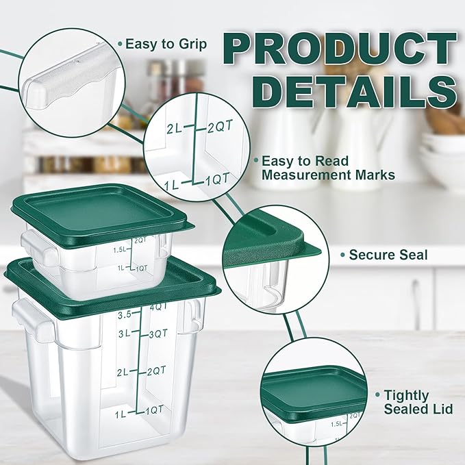 4 Pack 2QT & 4QT Food Storage Containers with Green Lids, Clear Square Restaurant Commercial Food Storage Containers with Handle and Scale, Marinating Container Dough Rising Bucket for Home & Dining