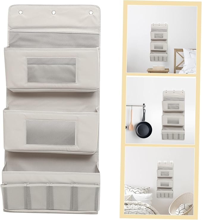 LABRIMP Multi-Layer Door Organizer Storage Bag 40x90cm Grey Fabric with Hooks Foldable Hanging Storage for Closet and Dormitory No Drilling Required