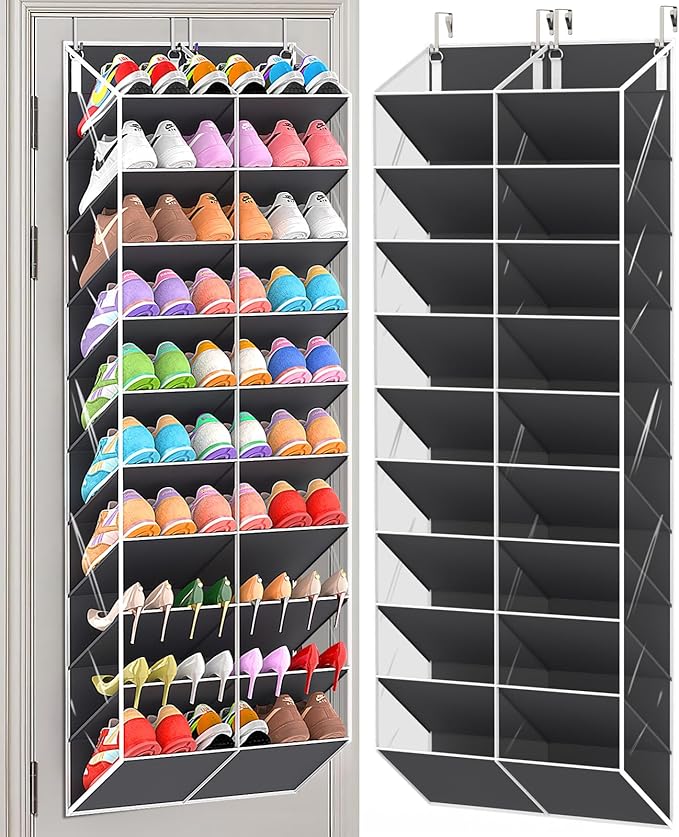 UVIAHOMI 20-30 Pairs Over the Door Shoe Organizer, Clear Pockets Hanging Shoe Storage for Closet, 10-Tier Door Shoes Rack, Handing Shoes Holder Fit All the Family's Sneakers, Boots, Heels, Dark Grey