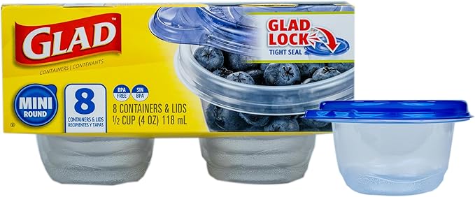 Glad GladWare Mini Round Food Storage Containers with Lids, Small BPA Free Reusable Plastic Snack Containers with Lock Tight Seal for Lunch, Portion Control, and On the Go, 4 Oz, 8 Count