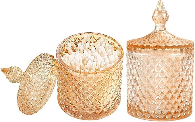 Colorful Home Decorative Jar Qtips Holder Dispenser Glass Storage Container Bathroom Counter Vanity Organizer for Bath Salts/Swabs/Rounds Makeup Sponges Toothpick Jewelry (Amber,10 oz，2