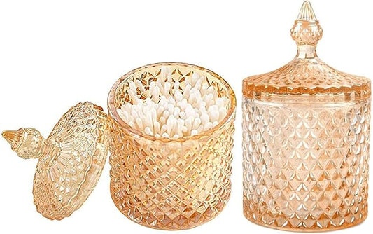 Colorful Home Decorative Jar Qtips Holder Dispenser Glass Storage Container Bathroom Counter Vanity Organizer for Bath Salts/Swabs/Rounds Makeup Sponges Toothpick Jewelry (Amber,10 oz，2