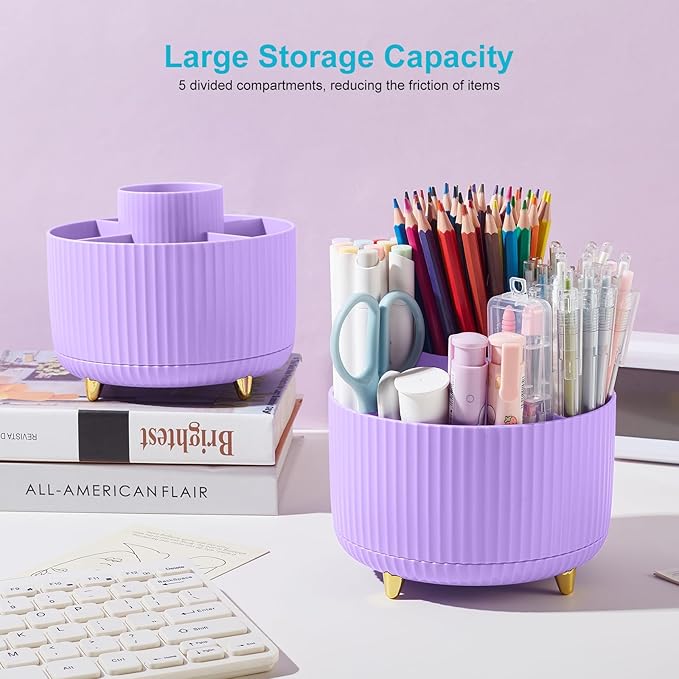 360 Rotating Plastic Desk Pen Organizer with 5 Slots, Dual-Purpose Art Supply Pencil Cup for Office, School, Home Light Purple