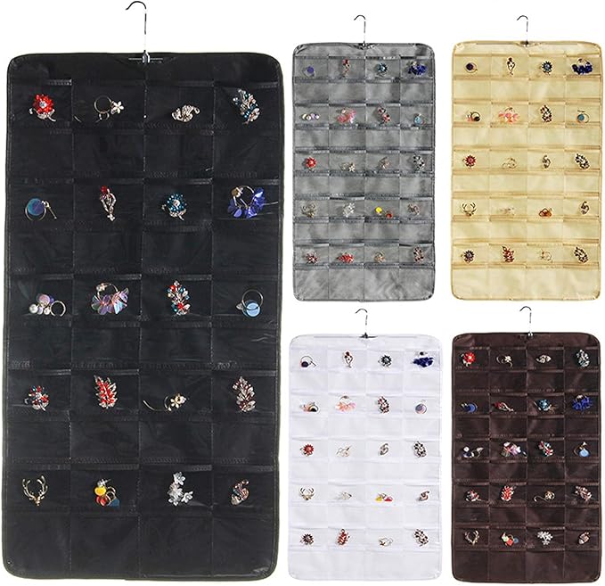 Hanging Jewelry Organizer Dual Sided Foldable Jewelry Roll with Hanger for Jewelry Brooches Closet Necklace Earrings Bracelet Ring Hair Accessories Travel Holder, Beige