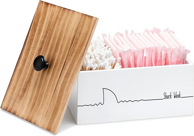 Hoolerry Wood Tampon Holder for Bathroom Farmhouse Pad and Tampon Organizer Feminine Product Organizer Rustic Storage Container for Bathroom Countertop(Simple Style)