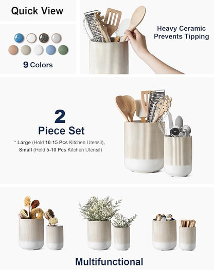 LE TAUCI Utensil Holder for Kitchen Counter, 7.3"+5.4" Fluted Ceramic Utensil Crock Organizer for Countertop, Heavy Large Holder for Spatulas, Spoons, Set of 2, Warm White Glaze