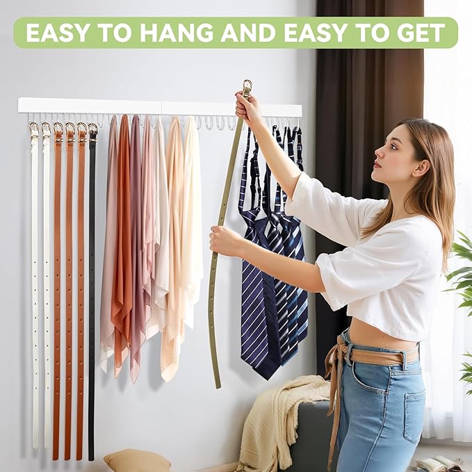 Belt Hanger Wall Mount, Adhesive Wooden Closet Belt Organizer with 24 Metal Hooks, Large Capacity, 2 Installation Options, White, 2 Pcs