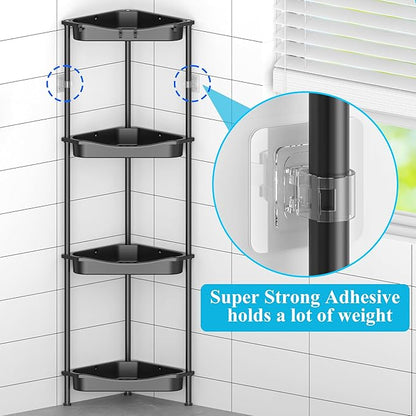 HuggieGems 4 Tier Floor Standing Corner Shower Caddy Organizer Shelf with Hooks, Bathroom Shelves Stand Rack, Jet Black