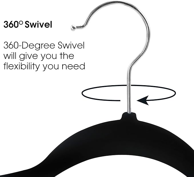 Elama 100 Piece Set of Velvet Slim Profile Heavy Duty Felt Hangers with Stainless Steel Swivel Hooks in Black