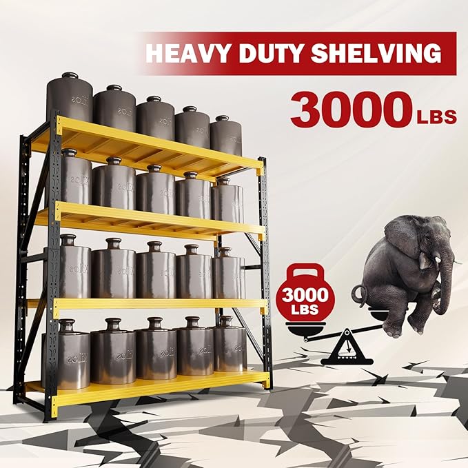 3000lbs Garage Shelving Heavy Duty, 4-Tier Metal Adjustable Garage Shelves, Storage Shelves for Warehouse, Pantry, Basement, 31.5" W X 20" D X 63" H (Black+Yellow, 31.5x20x63)