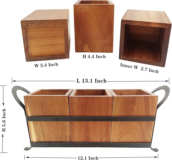 NelyBet Utensil Caddy Silverware Cutlery Holder with 3 Compartment, Wooden Utensil Crock Flatware Organizers with Metal Tray, Rustic Kitchen Utensil Organizers for Farmhouse Kitchen and Countertop