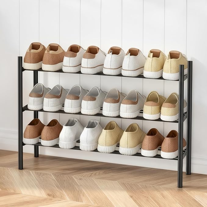 AceMining 3-Tier Expandable Shoe Rack, Adjustable Shoe Rack Shoe Organizer Shoe Shelf, Free Standing Shoe Racks Heavy Duty Metal for Closet Entryway Closet Doorway Front Door Entrance，Black
