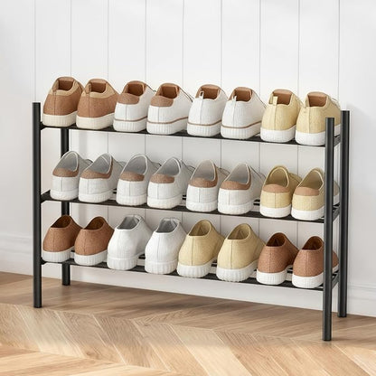 AceMining 3-Tier Expandable Shoe Rack, Adjustable Shoe Rack Shoe Organizer Shoe Shelf, Free Standing Shoe Racks Heavy Duty Metal for Closet Entryway Closet Doorway Front Door Entrance，Black