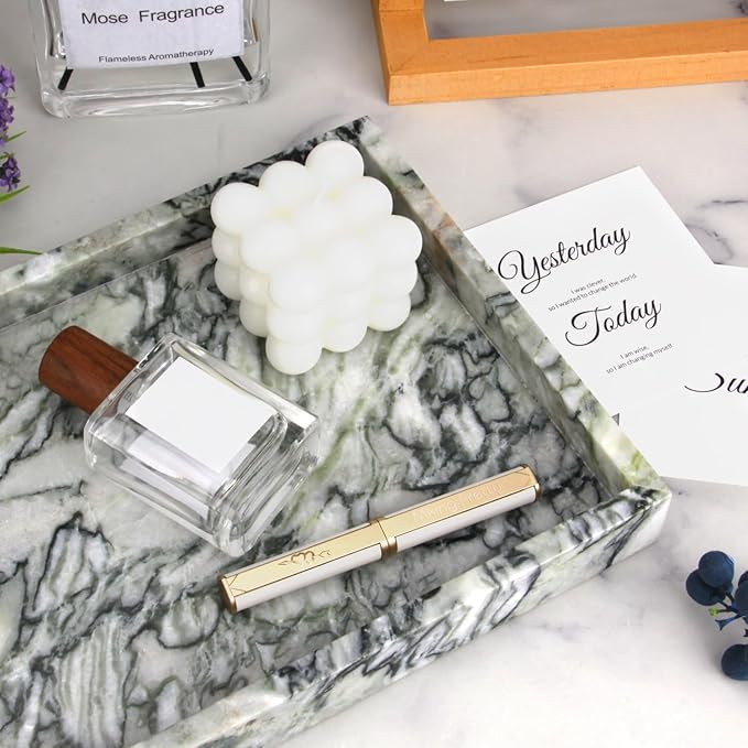 Marble Bathroom Vanity Tray, Natural Luxury Vanity Home Kitchen Bathroom Table Tray, Stone Decorative Countertop Dresser Trays for Key Coffee Perfume Jewelry Makeup (Green Emerald, 12"x 8" x1.2")