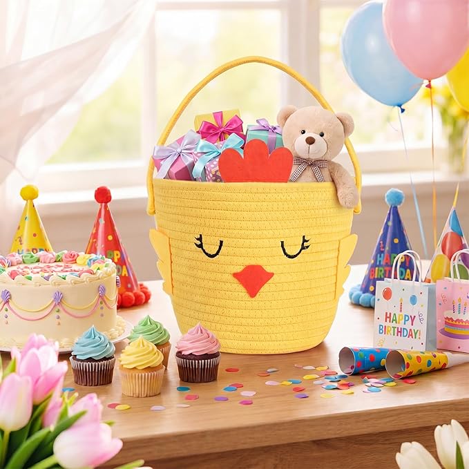 Small Woven Storage Basket with Handle, Cute Cartoon Chick Baskets for Gift Empty, Cotton Rope Storage Basket for Toy Organizer