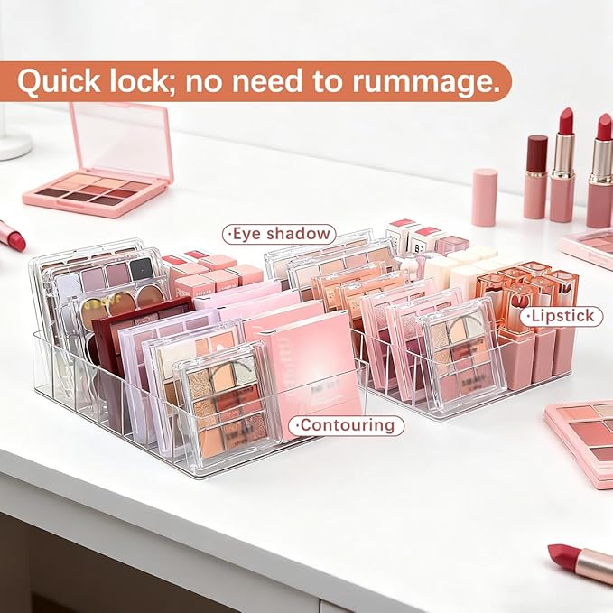 2 Pack Makeup Organizer for Eyeshadow Palette and Lipstick Organizer, 7 Section Divided Makeup Palette Organizer for Lipstick Highlighter, Skincare Cosmetic Display Cases for Bathroom
