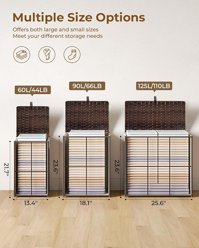 Greenstell Laundry Hamper with Lid, 125L Laundry Basket with 2 Removable Liner Bags & 2 Mesh Bags, Handwoven Synthetic Rattan Clothes Hamper for Clothes, Toys in Bathroom, Bedroom, Foldable, Brown