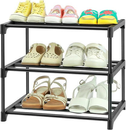 HITHIM 3-Tier Small Shoe Racks, Narrow Shoe Rack for 5-6 Pairs Shoe Storage,Kids Shoe Racks for Small Place,Lightweight Stackable Shoe Shelf Organizer for Closet,Black
