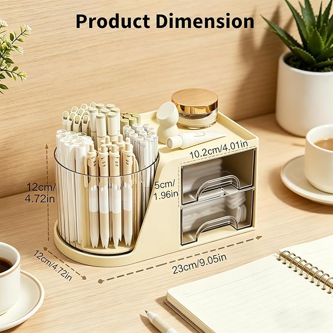 360 Rotating Makeup Organizer with 2 Drawers, Spinning Cosmetic Brush Holder & Pen Cup, Multi-Purpose Desktop Storage for Bathroom Vanity, Art Supplies, Skincare, Office Desk