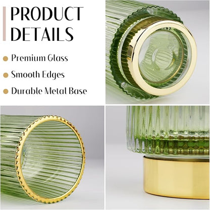 Makeup Brush holder Organizer, Crystal Glass Toothbrush Holders, Striped Make Up Brush Holder for Vanity, Pen Holder for Desk, Vase -Green (S+L)