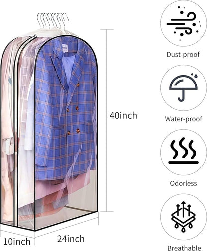 Clear Garment Bags for Hanging Clothes, 10" Gusseted Garment Covers for ClosetStorage, 40"Long Hanging Plastic Clothes Cover for Coat, Dress, Fur, BreathableFabric,Keep Clothes Neat and Tidy