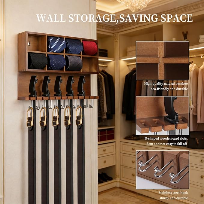 AUTOARK Wall Mounted Tie Rack/Belt Hanger,2-in-1 Wall Mount Organizer,8 Compartment Tie Organizer with Belt Slots & Hooks,Belt & Accessories,8+12+11 Storage,Walnut,AHK-081