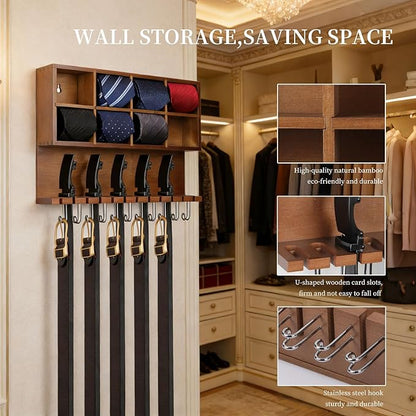 AUTOARK Wall Mounted Tie Rack/Belt Hanger,2-in-1 Wall Mount Organizer,8 Compartment Tie Organizer with Belt Slots & Hooks,Belt & Accessories,8+12+11 Storage,Walnut,AHK-081