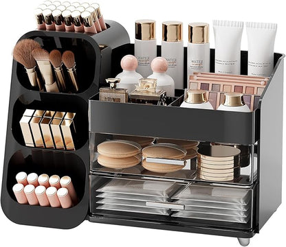 Makeup Organizer for Vanity with Brush Holder, Large Capacity Bathroom Countertop Skincare Organizer with 2 Drawers, Cosmetic Display Case for Perfumes, Eyeshadow Palettes, Nail Polishes
