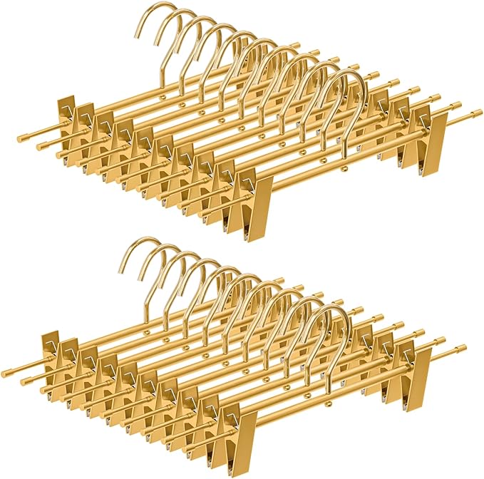 Matte Gold Aluminum Pants Hangers 20 Pack, Lightweight Skirt Hangers with 360°Swivel Hooks and Non-Slip Adjustable Clips for Trousers, Skirts, Jeans, Kids & Adults, Durable, Space-Saving
