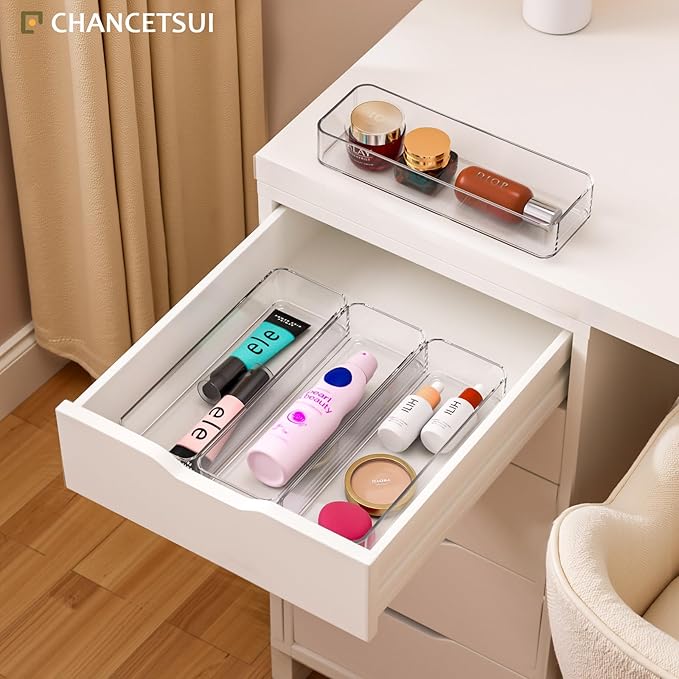 CHANCETSUI Clear Acrylic Drawer Organizer Storage: Stackable Plastic Storage Tray for Makeup and Personal Care, 4 Pieces, 3x9 Inch