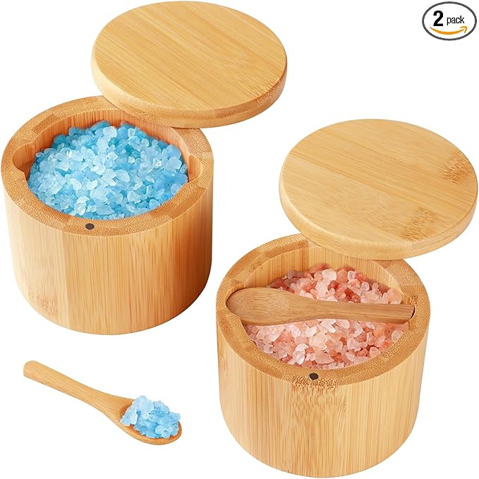 Timtopno Bamboo Salt Cellar, 2 PCS Salt Container with Built-in Spoon, Salt Box Bowl with Magnetic Swivel Lid, Elegant Kitchen Salt Holder Saver Jar to Storage Pepper Spice Sea Salt for Countertop