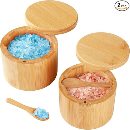 Timtopno Bamboo Salt Cellar, 2 PCS Salt Container with Built-in Spoon, Salt Box Bowl with Magnetic Swivel Lid, Elegant Kitchen Salt Holder Saver Jar to Storage Pepper Spice Sea Salt for Countertop