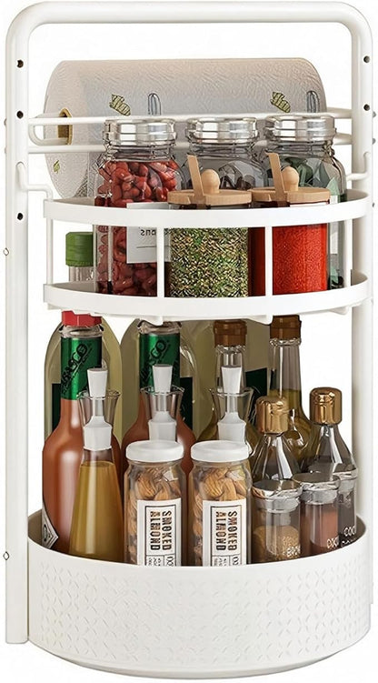 JEESA Rotating Spice Rack with Paper Towel Holder, 2 Tier Lazy Susan for Spices, Sturdy Iron Seasoning Organizer for Kitchen Countertop, White